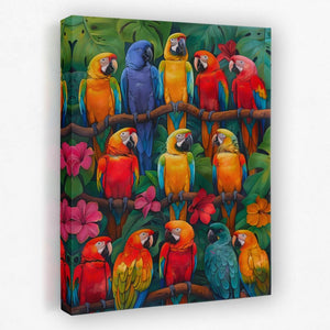 a painting of a group of parrots on a tree branch