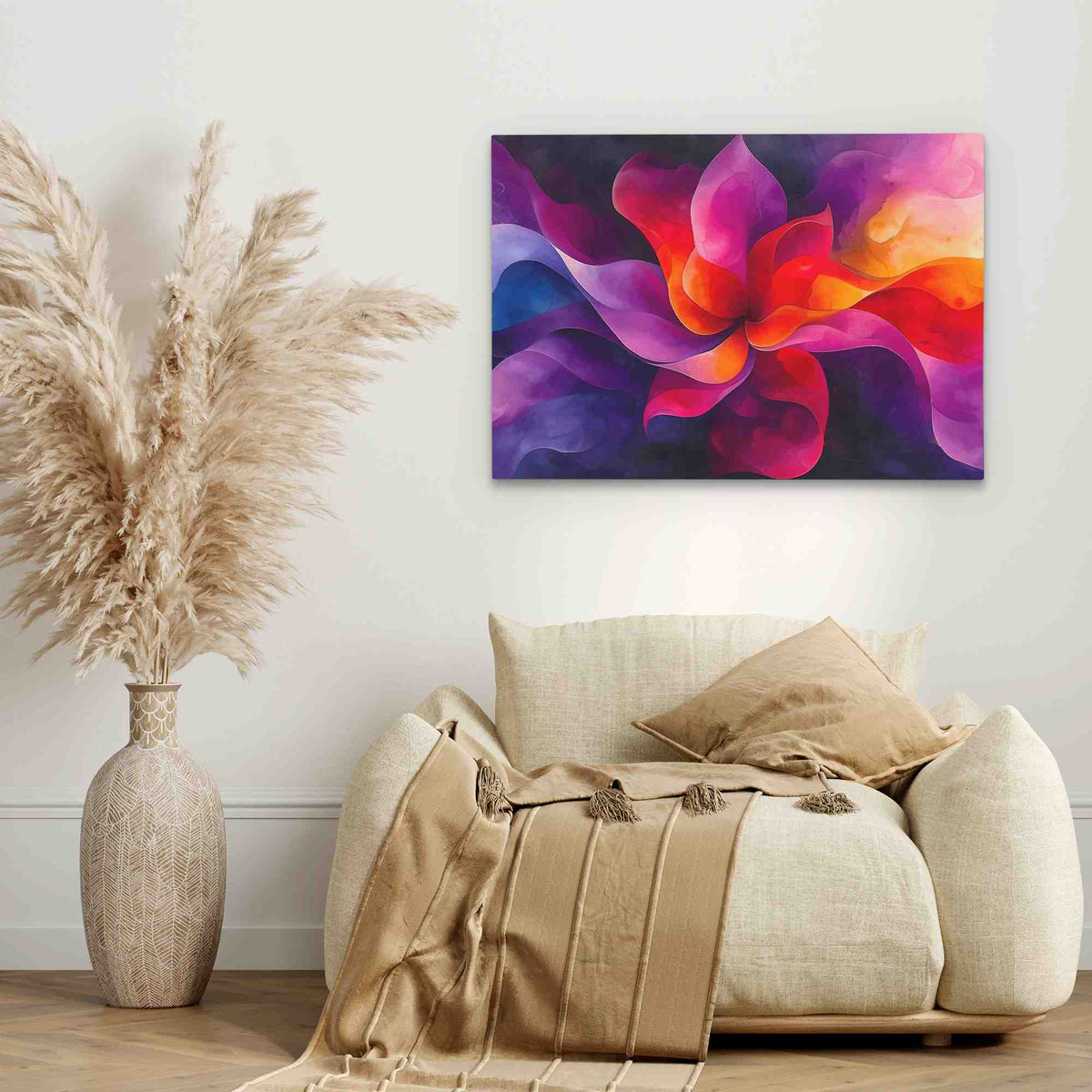 a living room with a couch and a painting on the wall