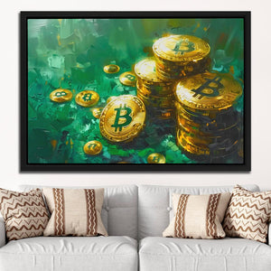 a painting of gold bitcoins on a green background