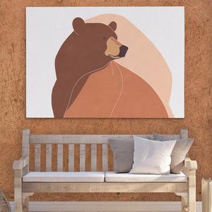 a painting of a bear on a wall above a bench