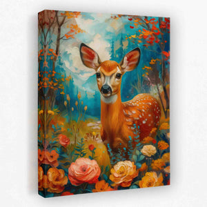 a painting of a deer surrounded by flowers