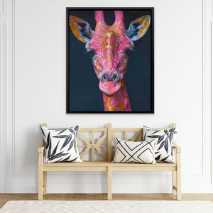 a painting of a giraffe's head is shown on a wall