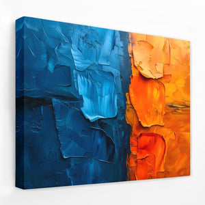 an abstract painting of blue, orange, and yellow