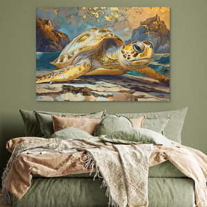 Golden Glow Turtle on a Beach Art Print - Luxury Wall Art 