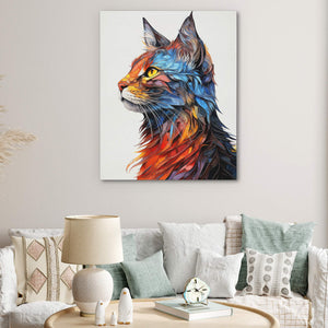a painting of a colorful cat on a white wall