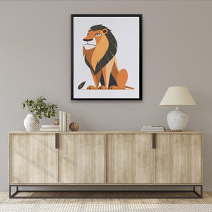 a picture of a lion sitting on top of a dresser