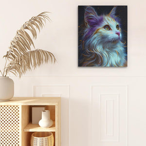 a painting of a cat on a wall next to a potted plant