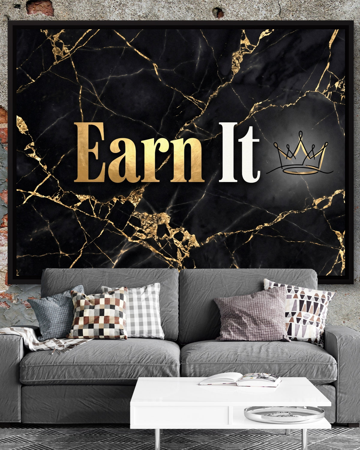 Earn It Golden Marble — earn it golden marble psd exposed brick grey couch 1land framed black