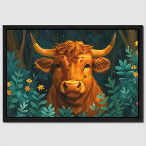 a painting of a cow in a field of flowers