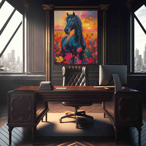 a painting of a horse on a wall above a desk