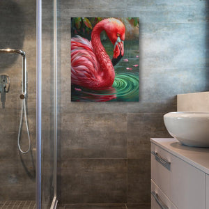 a bathroom with a sink and a painting of a pink flamingo