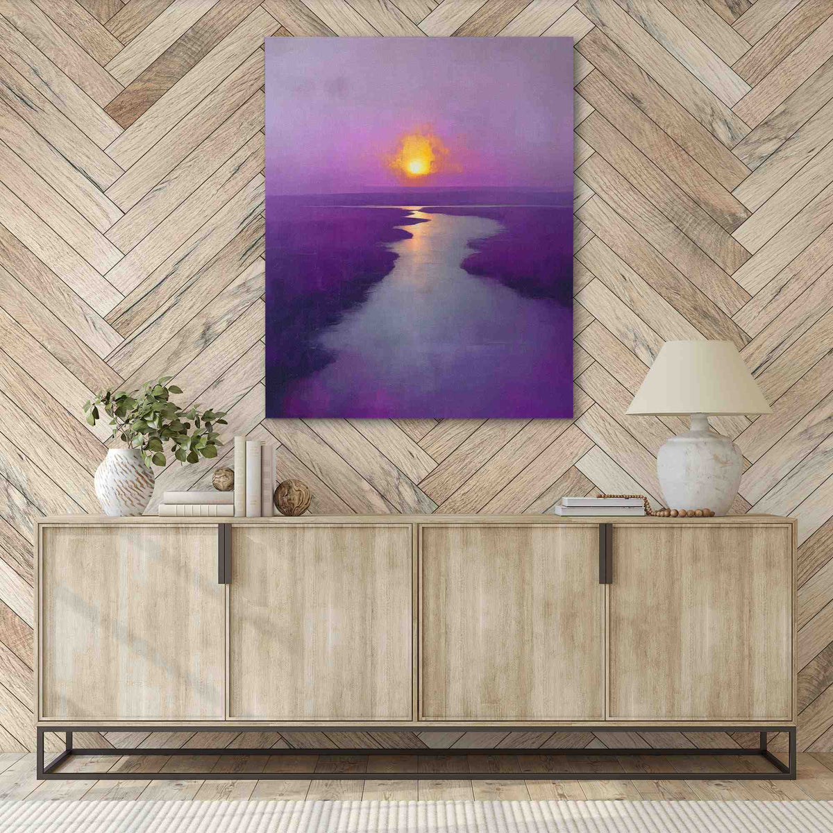 a painting of a sunset over a body of water