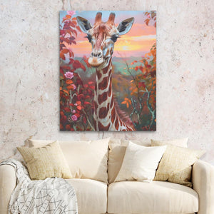 a painting of a giraffe in a living room