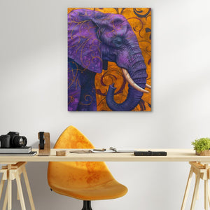 a painting of an elephant on a wall above a desk