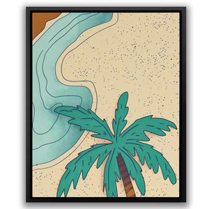 a painting of a palm tree on a beach