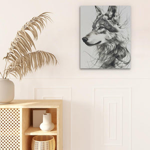 a painting of a wolf on a white wall