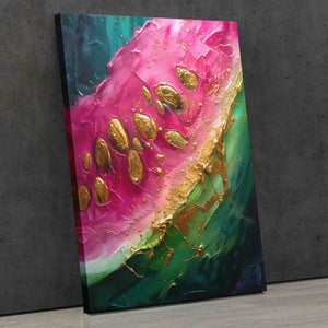 a painting of a slice of watermelon with gold coins on it