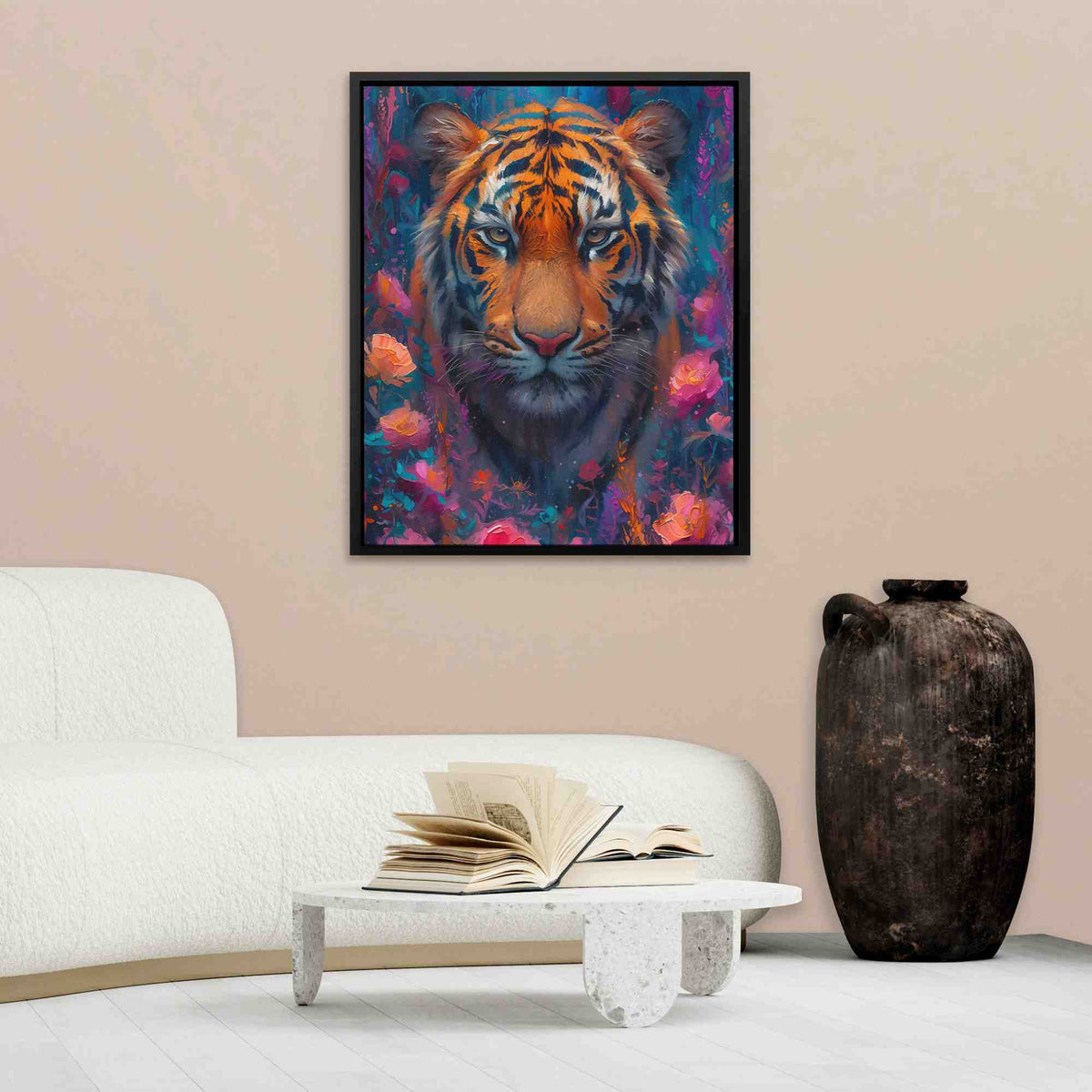 a painting of a tiger in a living room