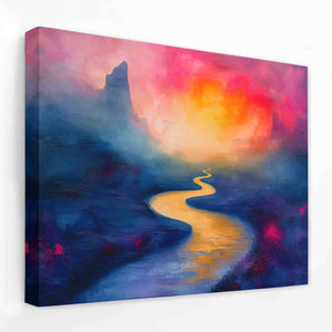 a painting of a river with a sunset in the background