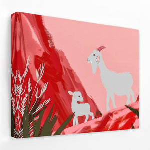 a painting of a goat and a lamb on a pink background