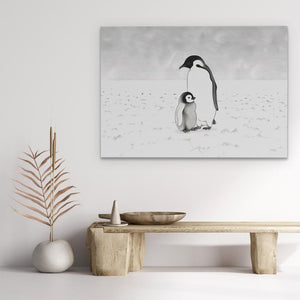 a painting of a penguin and a penguinling in the snow