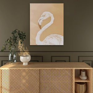 a painting of a flamingo on a wall above a cabinet