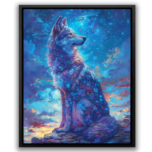 a painting of a wolf sitting on a rock