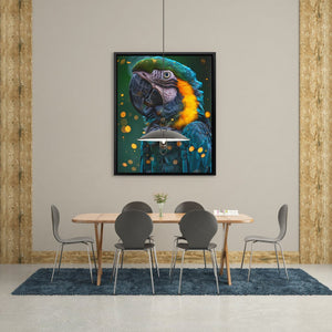 a painting of a parrot on a wall above a table