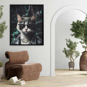 a painting of a cat wearing sunglasses in a living room