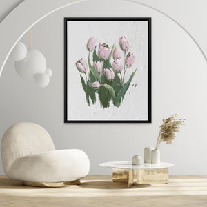 a painting of pink tulips on a white wall