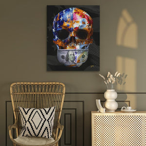 a painting of a skull on a wall next to a chair