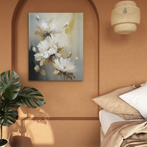 a bedroom with a bed and a painting on the wall