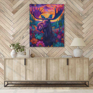 a painting of a moose is hanging on a wall