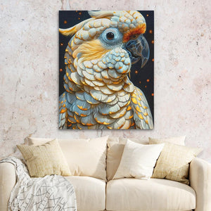 a painting of a parrot on a wall above a couch