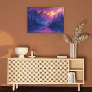 a painting hanging on a wall above a wooden cabinet