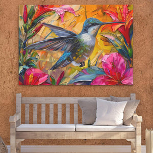 a painting of a hummingbird sitting on a bench