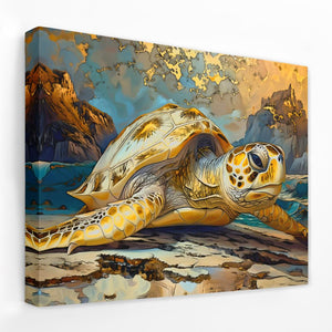 Golden Glow Turtle on a Beach Art Print - Luxury Wall Art 