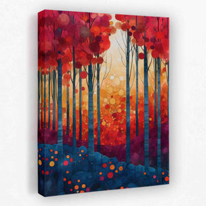 a painting of a forest with red and yellow trees