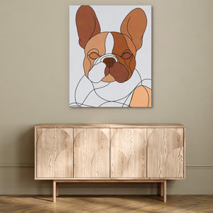 a painting of a brown and white dog on a wall