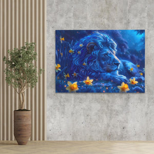 a painting of a blue lion in a room