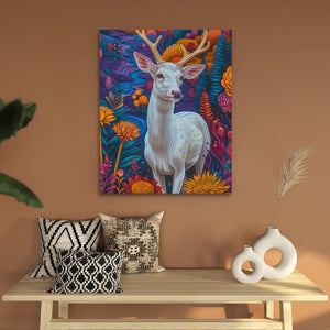 a painting of a deer on a wall above a table