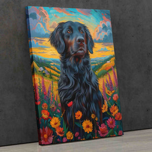 a painting of a dog in a field of flowers