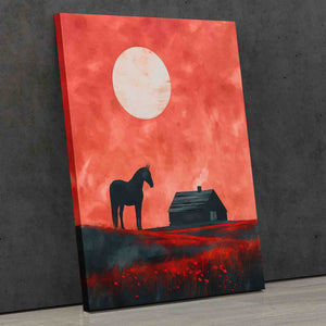 a painting of a horse in a field with a barn in the background