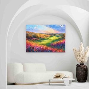 a living room with a white couch and a painting on the wall