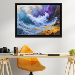 a painting hanging on a wall above a desk