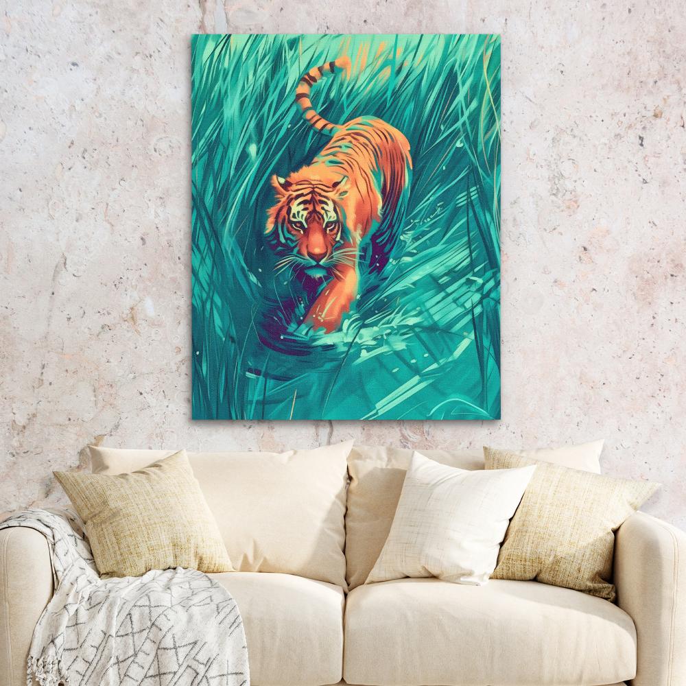 a painting of a tiger walking through tall grass