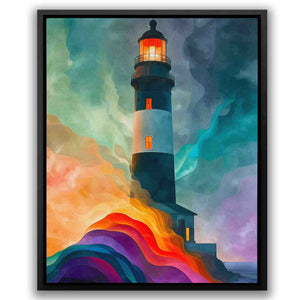 a painting of a lighthouse on a colorful background