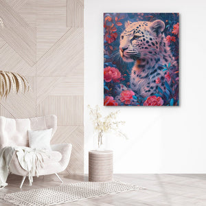 a painting of a white leopard surrounded by flowers