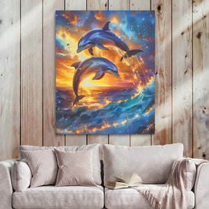 a painting of two dolphins jumping out of the water