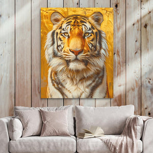 a painting of a tiger on a wooden wall